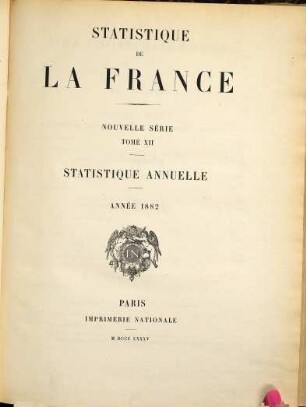 Statistique de la France. Statistique annuelle. 12. 1882 (1885)