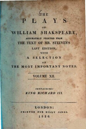 The Plays of William Shakspeare, 12. King Richard III. - 271 S.