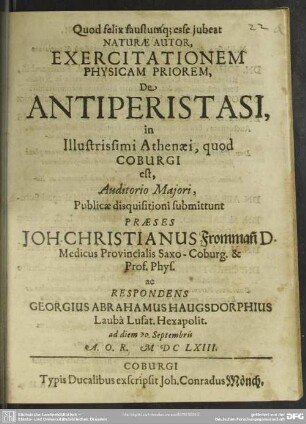 1: ... Exercitationem physicam ... de antiperistasi