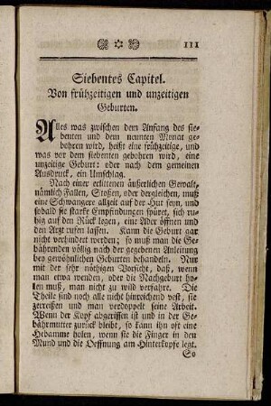 Siebentes Capitel. Von frühzeitigen und unzeitigen Geburten.
