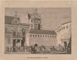 Das Stallgebäude (ab 1877 Johanneum) am Jüdenhof in Dresden als Renaissancegebäude im Zustand von 1679, aus den Abbildungen zur Chronik Dresdens von 1835