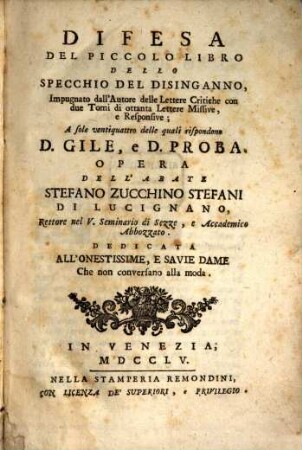 Difesa del piccolo libro d. specchio del disinganno