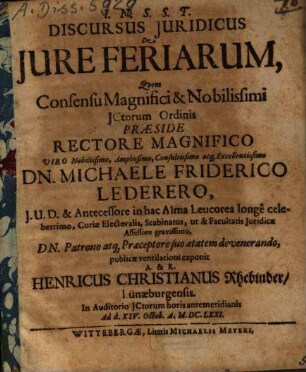 Discursus Iuridicus De Iure Feriarum