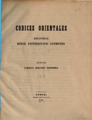Codices orientales Bibliothecae Regiae Universitatis Lundensis : [Lund]