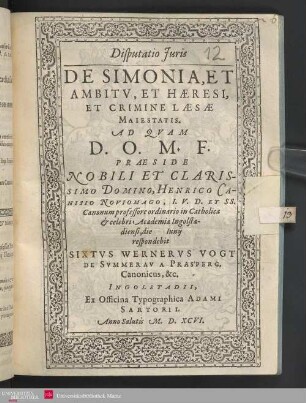 Disputatio iuris de simonia, et ambitu, et haeresi, et crimine laesae maiestatis