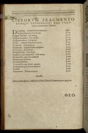 Librorum Fragmentorumque Theophrasti Hoc Volumine contentorum, syllabus.