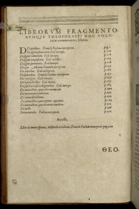 Librorum Fragmentorumque Theophrasti Hoc Volumine contentorum, syllabus.