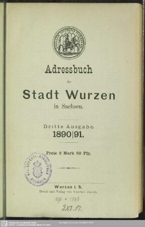 3.1890/91(1890): Adressbuch der Stadt Wurzen in Sachsen