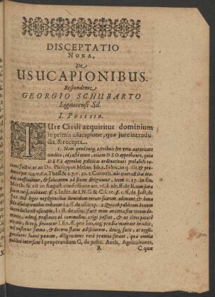 Disceptatio Nona, De Usucapionibus. Respondente Georgio Schubarto Lignicensi Sil.