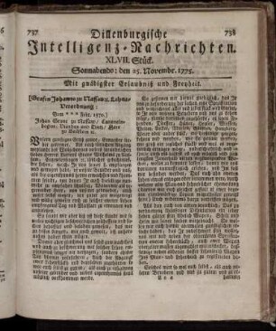 Sonnabends: den 25. Novembr. 1775.