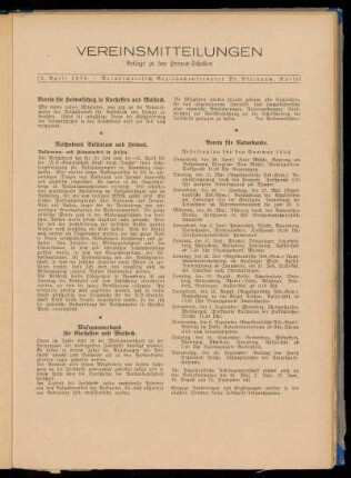 Vereinsmitteilungen 15. April 1934