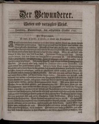 Sieben und vierzigstes Stück. Hamburg, Donnerstags, den achtzehnten October 1742.