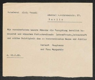 Brief von Gerhart Hauptmann und Margarete Hauptmann an Alois Brandl