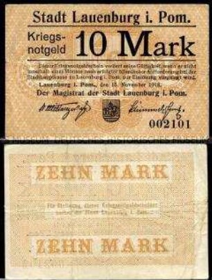 Lauenburg in Pommern, Notgeld, 10 Mark