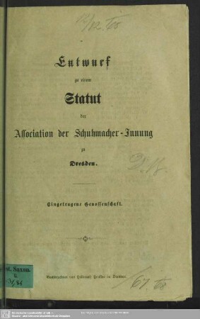 Entwurf zu einem Statut der Association der Schuhmacher-Innung zu Dresden