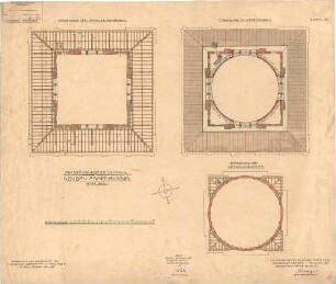 Mellinger, Ludwig von; München; Armeemuseum - Neubau, Mittelbau, Sparrenlage der Kuppelseitendächer (Grundriss), Trägeranlage im Kuppeltambour (Grundriss), Sparrenlage der Kuppelzwickeldächer (Grundriss)