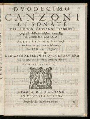 Giovanni Gabrieli: Canzoni et sonate ... a 3.5.6 ... 15 et 22 voci. Duodecimo