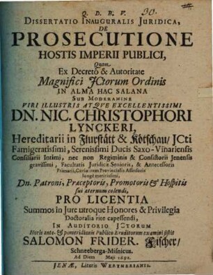 Dissertatio inauguralis iuridica De prosecutione hostis imperii publici