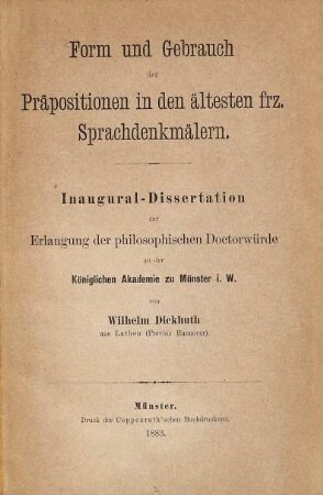 Form und Gebrauch der Präpositionen in den ältesten französischen Sprachdenkmälern