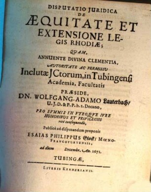 Disputatio Iuridica De Aequitate Et Extensione Legis Rhodiae