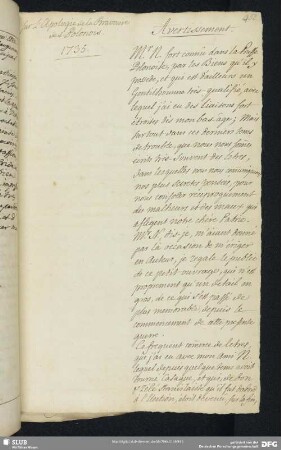 S. 453-460. Sur l’Apologie de la Bravoure des Polonois 1735. Avertissement.