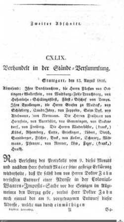 149. Sitzung, Stuttgart, 13.8.1816