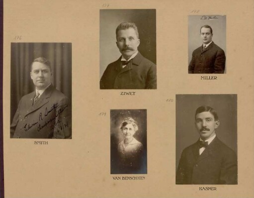 Bl. 37: Fotografien der Mathematiker Edwin Raymond Smith, Alexander Ziwet, E. A. Miller, Anna Laviia van Benschoten und Edward Kasner, 1920 - 1922