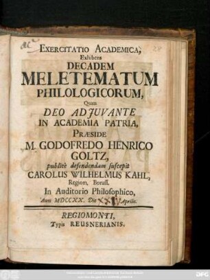 Exercitatio Academica, Exhibens Decadem Meletematum Philologicorum
