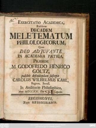 Exercitatio Academica, Exhibens Decadem Meletematum Philologicorum