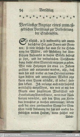 Vorläufige Anzeige eines unmaßgeblichen Vorschlags zur Verbeßerung der Stubenöfen