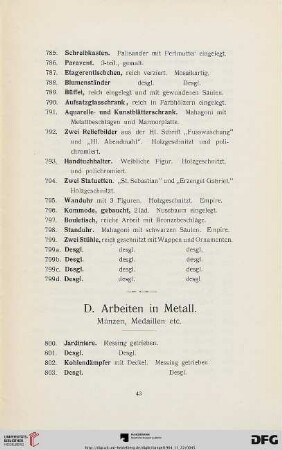 D. Arbeiten in Metall (Nr. 800-929)