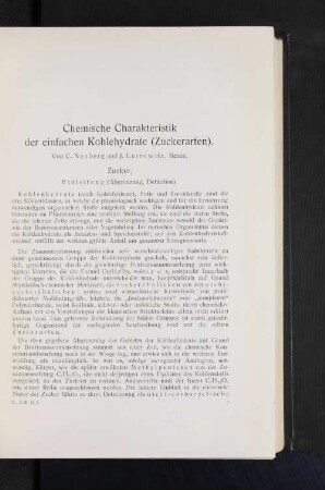 Chemische Charakteristik der einfachen Kohlehydrate (Zuckerarten).