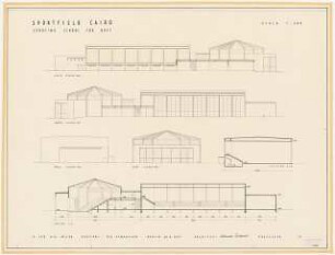 Sportfield Kairo Sporting School for Boys: Auditory, Gig Gymnasium, 4 Ansichten South Elevation, North Elevation, East Elevation, West Elevation, 2 Schnitte Section A-B, Cection C-D, 1:200