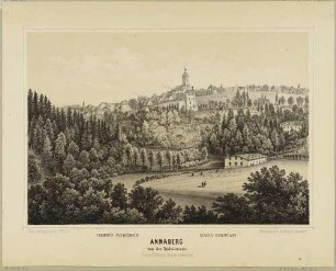 Stadtansicht von Annaberg (Annaberg-Buchholz) in Sachsen von Südwesten über das Sehmatal, aus dem Album der Chemnitz-Annaberger Staats-Eisenbahn von 1866