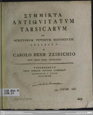 Symmikta Antiquitatum Tarsicarum : Ex Scriptorum Veterum Monumentis Collecta