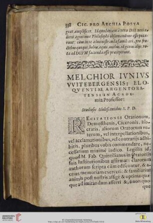 Melchior Ivnivs VVitebergensis: Eloqvuentiae Argentoratensi in Academia Professor: Stvdiosis adolescentibvs S.P.D.