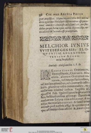 Melchior Ivnivs VVitebergensis: Eloqvuentiae Argentoratensi in Academia Professor: Stvdiosis adolescentibvs S.P.D.