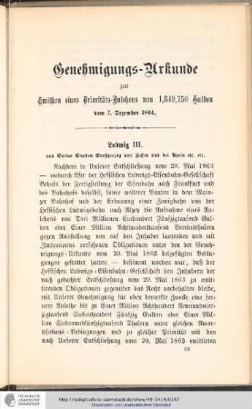Genehmigungs-Urkunde zur Emission eines Prioritäts-Anlehens von 1,849,750 Gulden