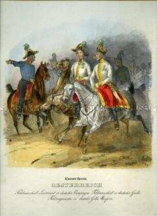 Uniformdarstellung, Feldmarschall-Leutnant in Felduniform, Feldmarschall und Feldzeugmeister in deutscher Gala-Uniform zu Pferd, Kaiserreich Österreich, 1835. Tafel 169 aus: Eckert/Monten: Das deutsche Bundesheer.