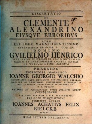 Dissertatio De Clemente Alexandrino Eivsqve Erroribvs