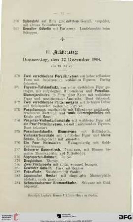 III. Auktionstag: Donnerstag, den 22. Dezember 1904, von 10 Uhr ab (Nr. 370-577)
