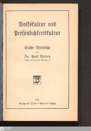 Volkskultur und Persönlichkeitskultur : sechs Vorträge