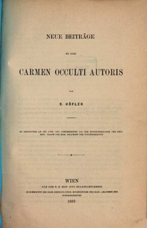 Neue Beiträge zu dem Carmen occulti autoris