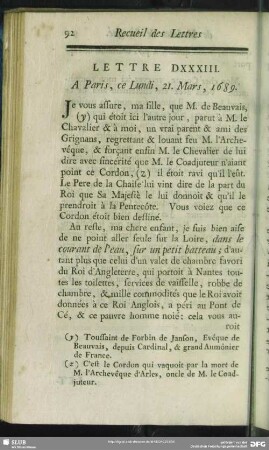 Lettre DXXXIII. A Paris, ce Lundi, 21. Mars, 1689