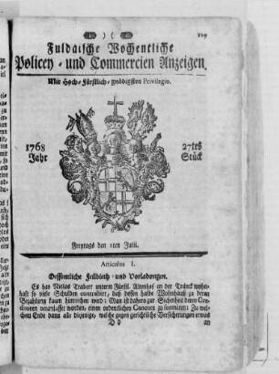 27tes Stück, Ausgabe vom 1. Julii 1768