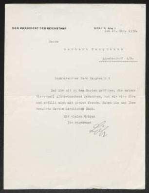 Brief von Paul Löbe von Reichspräsident Deutsches Reich Deutschland an Gerhart Hauptmann