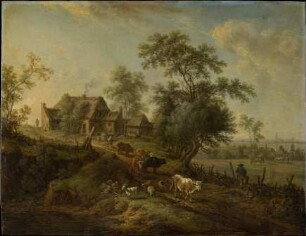 Landschaft mit Tieren auf einer Dorfstraße