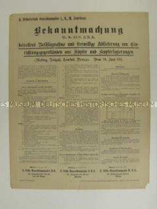 Bekanntmachung über die Beschlagnahme von Kupfer und Kupferlegierungen