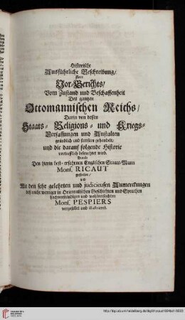 Historische Ausführliche Beschreibung ... Vom Zustand und Beschaffenheit Des gantzen Ottomanischen Reichs