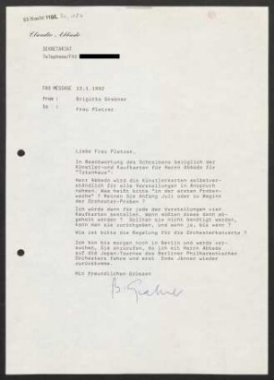 Brief an Pletzer an Salzburger Festspiele, 13.01.1992